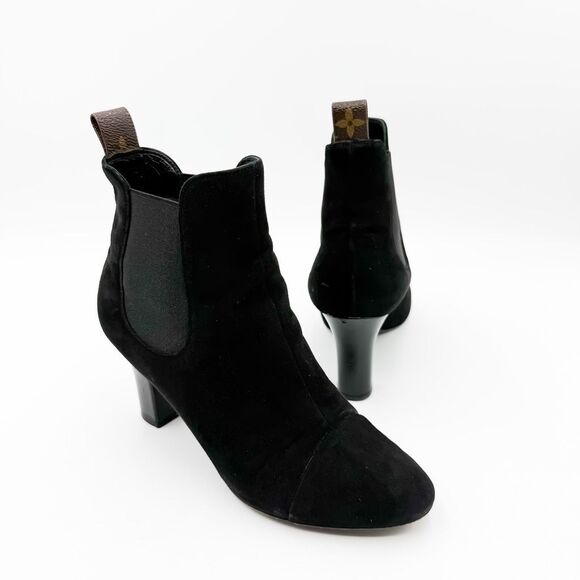 Louis Vuitton LV Monogram Ankle Boots Black Suede Heels EU 37 US 7 - Picture 1 of 14